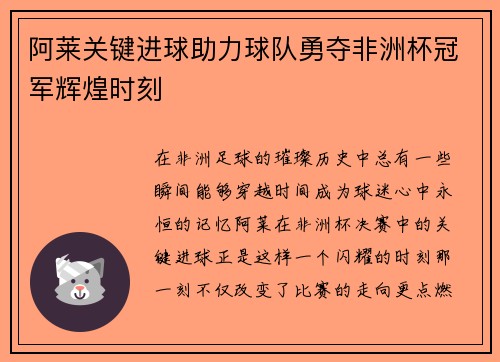 阿莱关键进球助力球队勇夺非洲杯冠军辉煌时刻