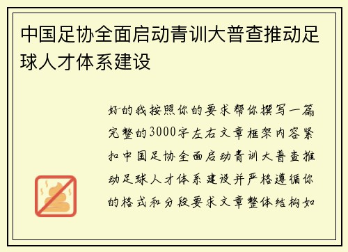 中国足协全面启动青训大普查推动足球人才体系建设